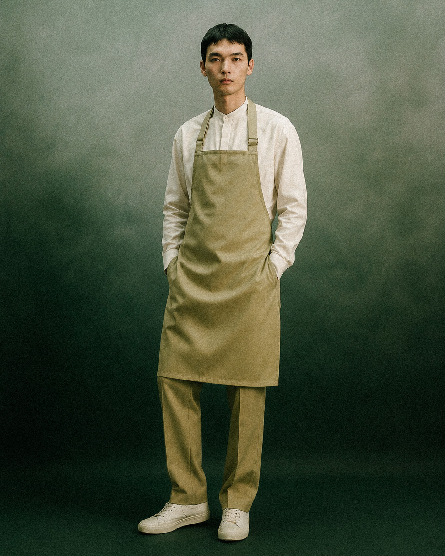 AP Café service uniform — cream shirt with olive bib apron over tailored trousers