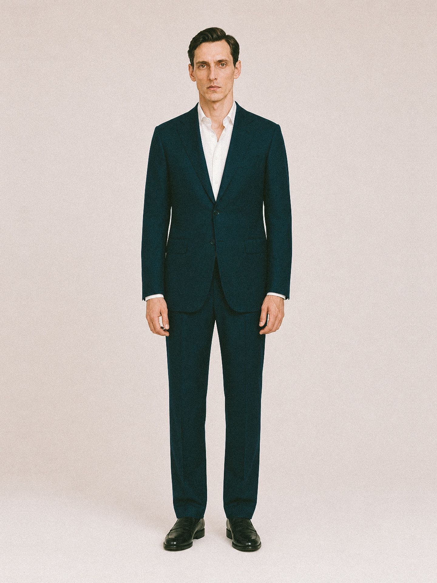 Menswear uniform — navy suit with a white shirt