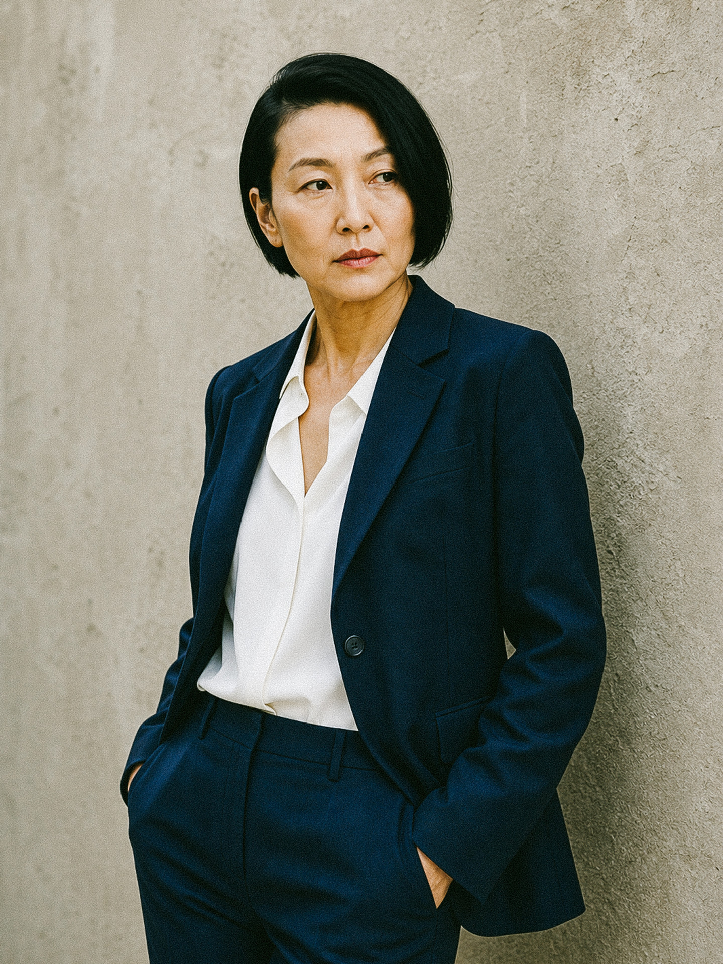 Navy suit jacket with an open-collar white shirt, close