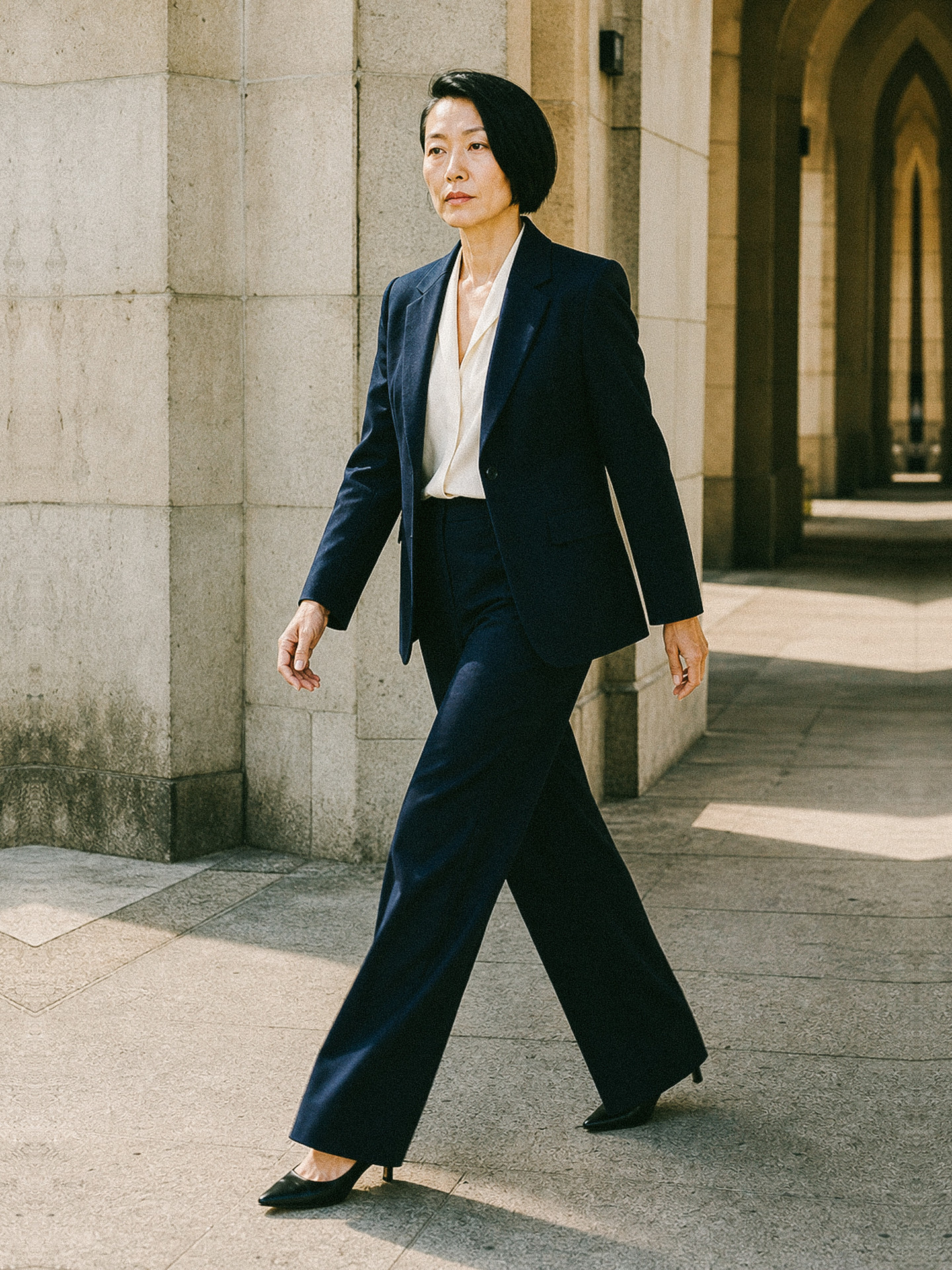 Navy suit with wide-leg trousers, worn walking